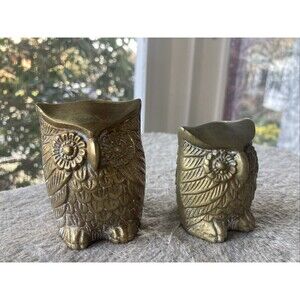 2 Solid Brass Owls Metal Craft  MCM Handpainted 1970s Bird USA Owl Leonard Coll.